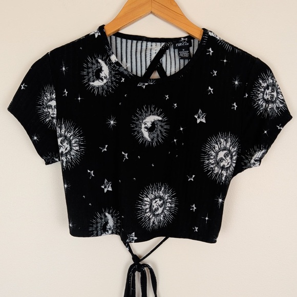 Rue 21 Celestial Black Crop Top Sun and Moon Design - Picture 2 of 5